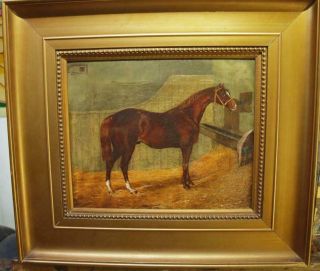 Fine C1840 Chestnut Bay Horse In Stable Portrait Antique Oil Painting