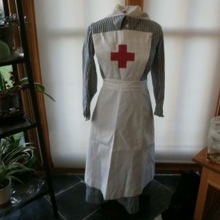 Antique Authentic Ww1 Era Nurses Uniform Blue White Striped Red Cross