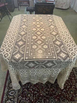 Vintage Antique Handmade Filet Lace Crochet Tablecloth Ecru Cotton Floral 100x64