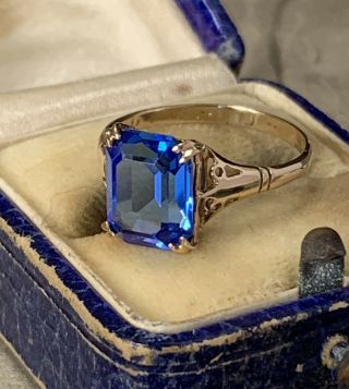 Antique Art Deco 9ct Yellow Gold Blue Paste Sapphire Emerald Cut Ring Uk N