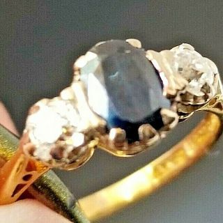 Antique/Vintage Dark Blue Sapphire Minor Cut Diamond 18k yellow gold ring 6