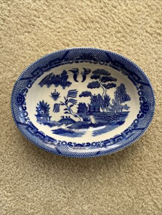 Vintage Japanese Blue Willow Serving Dish.  Oval In Shape.  10”l X 8”w X 3”d.  Euc.