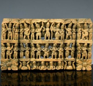 Fine Antique Indian Hindu Buddha Deity Carved Wood Multi Figure Wall Panel