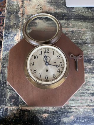 Vintage Antique Brass Chelsea Clock Co Boston Mass Ships Clock With Key 4