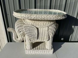 Vintage White Wicker Elephant Boho Accent Side Table Plant Stand W Tray,  Glass