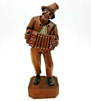 Vintage Italian Hand Carved Wooden Figurine Man Musician Hat Playing Accordion