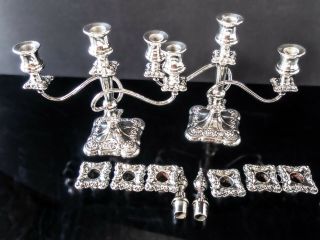 Antique Silver Plate Candelabra Pair Candle Holders With Bobeches And Snuffers B