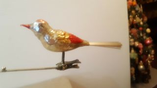 " Song Bird On A Clip " Vintage Christmas Ornament German Glass Antique 3.  5”