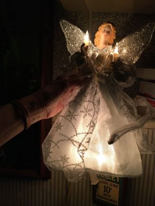12” Vintage Porcelain Treetop Angel Fairy Silver Glitter Wings Snowflake Gown