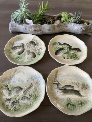 Four Antique Paris France French Majolica Rabbit Plates