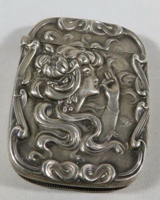 Antique Sterling Silver Art Nouveau Match Case With Smoking Gibson Girl