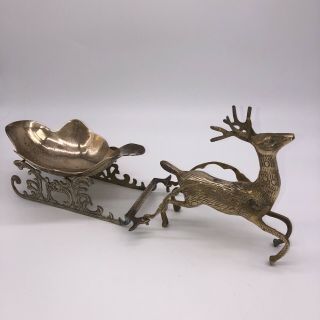 Vintage Brass Reindeer And Sleigh 18 Inches Christmas Table Display Candy Bowl