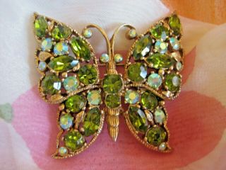 Vintage Regency Butterfly Brooch W Olive Green Aurora Borealis Rhinestones