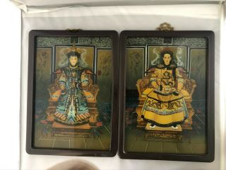 Chinese Vintage Reverse Glass Painting Emperor & Empress " 14 1/2 " (h) Md063