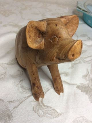 Vintage Hand Carved Wood Folk Art Pig Figurine Sculpture Sitting Solid Wood Guc