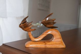 Mid Century Modern Wood Fish Sculpture Vtg Atomic Art Deco Carved Retro