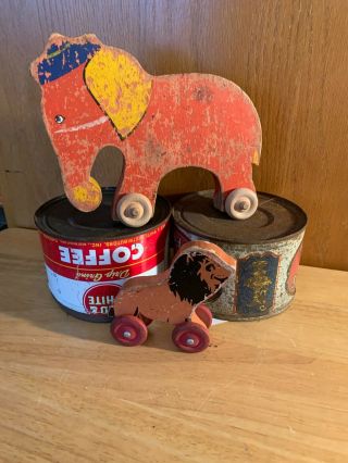 Vintage Folk Art Wooden / Painted Circus Elephant On Wheels / Pull Toy /,  Lion