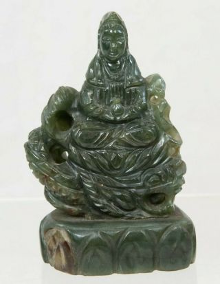 Carved Dark Green Jade Figure Of A Goddess Sitting On A Snake Or Serpent (kmeb)