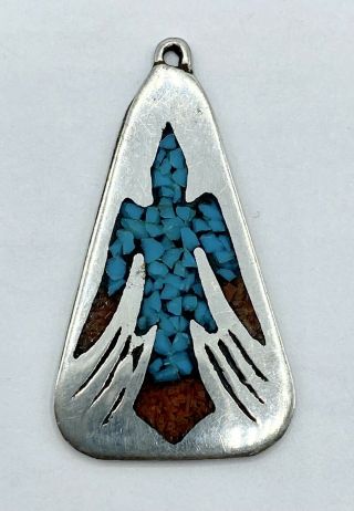 Vintage Navajo Thunderbird Coral And Turquoise Inlay Sterling Silver Pendant