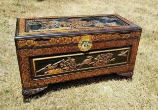 Vintage Oriental Chinese Camphor Wood Hand Carved Box Trunk Hope Chest Table 2