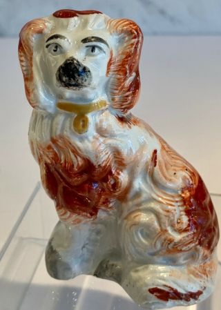 Pair Small Antique Victorian Staffordshire Spaniels Russet White 3 1/2 
