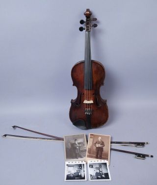 Estate Found Antique C1900 Violin W 2 Bows,  Cdvs,  Photographs,  & Gsb Case