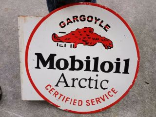 Vintage Antique Gargoyle Mobiloil Double Sided Flange Porcelain Sign