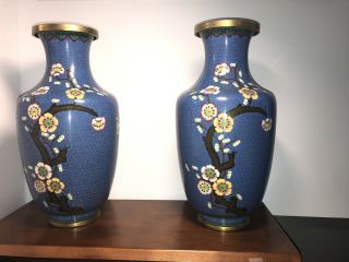 13 1/4” CloisonnÉ Pair Vases Floral Motifs Antique Blue No Damage