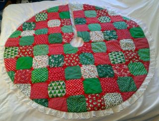 Vintage Handmade Patchwork Quilted Christmas Tree Skirt - Eyelet Ruffle - 46 " Dia