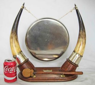 Best Large Antique Cows / Steers Horn Silver Plate & Oak Dinner Gong 1870 Bell