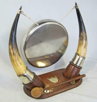 BEST LARGE ANTIQUE COWS / STEERS HORN SILVER PLATE & OAK DINNER GONG 1870 bell 2