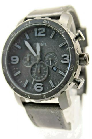 Mens Fossil Nate Black Dial Ss Leather Chronograph Quartz Watch Jr1354 A1