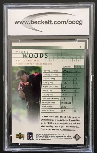 2001 Upper Deck Golf 1 Tiger Woods Rookie Card RC Graded BCCG 10 OR BETTER 2