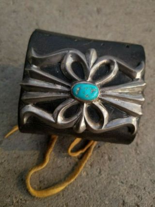 NAVAJO Ketoh BOW GUARD - Butterfly SILVER with worn Turquoise PRE - 1960 Antique 2
