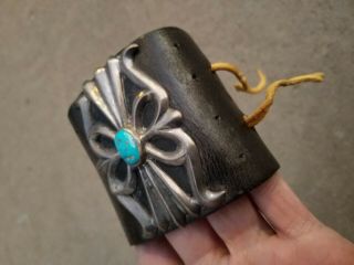 NAVAJO Ketoh BOW GUARD - Butterfly SILVER with worn Turquoise PRE - 1960 Antique 3