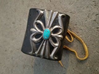 NAVAJO Ketoh BOW GUARD - Butterfly SILVER with worn Turquoise PRE - 1960 Antique 6