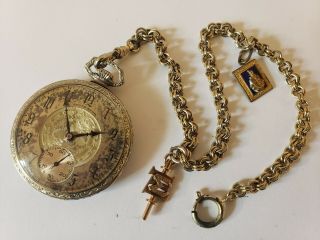 Antique 1928 South Bend 17j Silver Art Deco Pocket Watch W/ Fobs & Chain