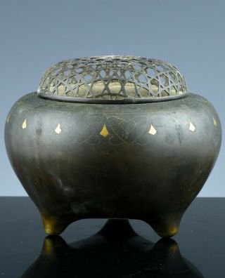 Fine Antique Japanese Bronze Silver & Gold Inlaid Tripod Censer Bowl Pierced Lid