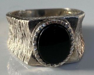 Unusual Setting Vintage Mens Gents Solid Sterling Silver Signet Ring Black Onyx