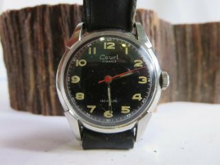 Vintage Court 17 Jewel Black Dial Red Pointer Military Mens Winding Watchrp3