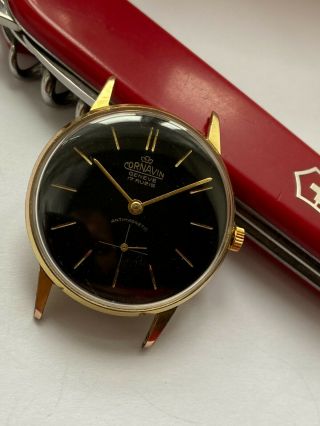 Vintage Rare Beatiful Watch Cornavin Geneva Black Dial Gold Plated 17 Rubis Rrr