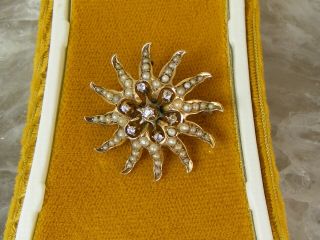 10k Antique Victorian.  12ct Diamond & Seed Pearl Pendant Sunburst Brooch