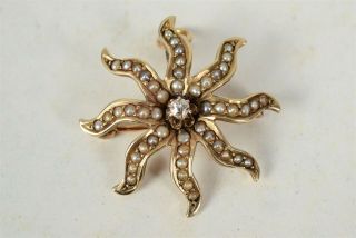Victorian Antique 14 - 15K Seed Pearl Starburst Lapel Pin or Pendant 2MM Diamond 2