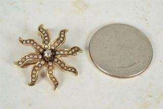 Victorian Antique 14 - 15K Seed Pearl Starburst Lapel Pin or Pendant 2MM Diamond 3