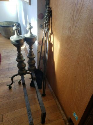 Antique Brass And Iron Andirons With Fireplace Tools From The Early 19th Century