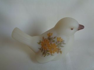 Vintage Fenton Hand Painted Yellow Satin Glass Bird Figurine With Logo