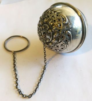 Antique Vintage Art Nouveau Sterling Silver Marked Fancy Tea Ball With Chain