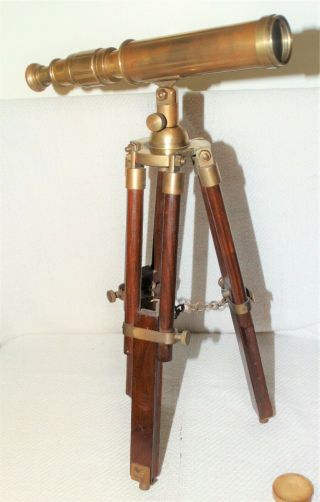 Vintage Brass Table Top Telescope,  Mahogany & Brass Tripod Stand, .