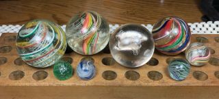 4 Large Antique German Swirls Handmade Marbles 1.  54 " To 1.  35 " 2 Are Polished