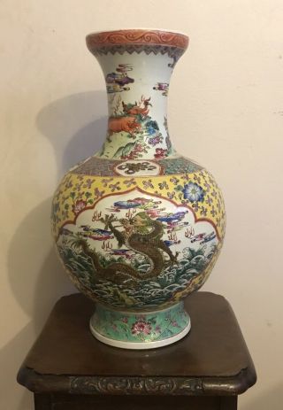 Antique Chinese Famille Rose Vase Painted With A Dragon & A Phoenix